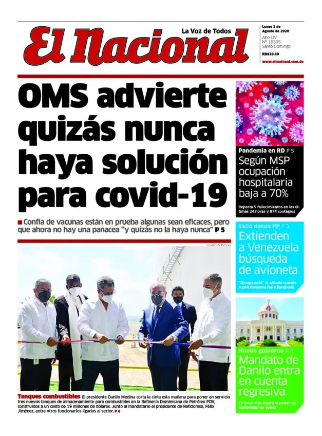 Portada Periódico El Nacional, Lunes 03 de Agosto, 2020