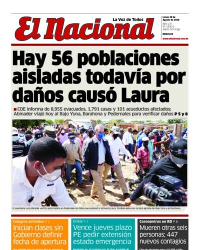 Portada Periódico El Nacional, Lunes 24 de Agosto, 2020