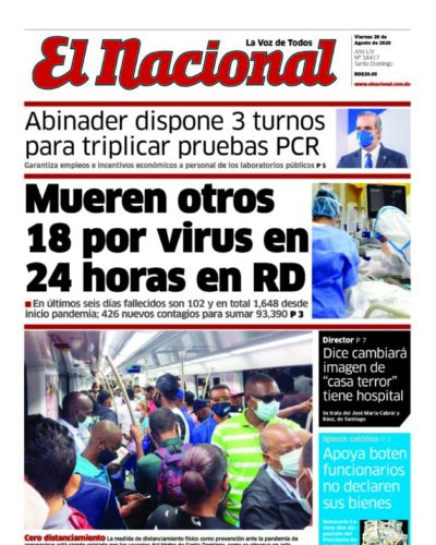 Portada Periódico El Nacional, Viernes 28 de Agosto, 2020