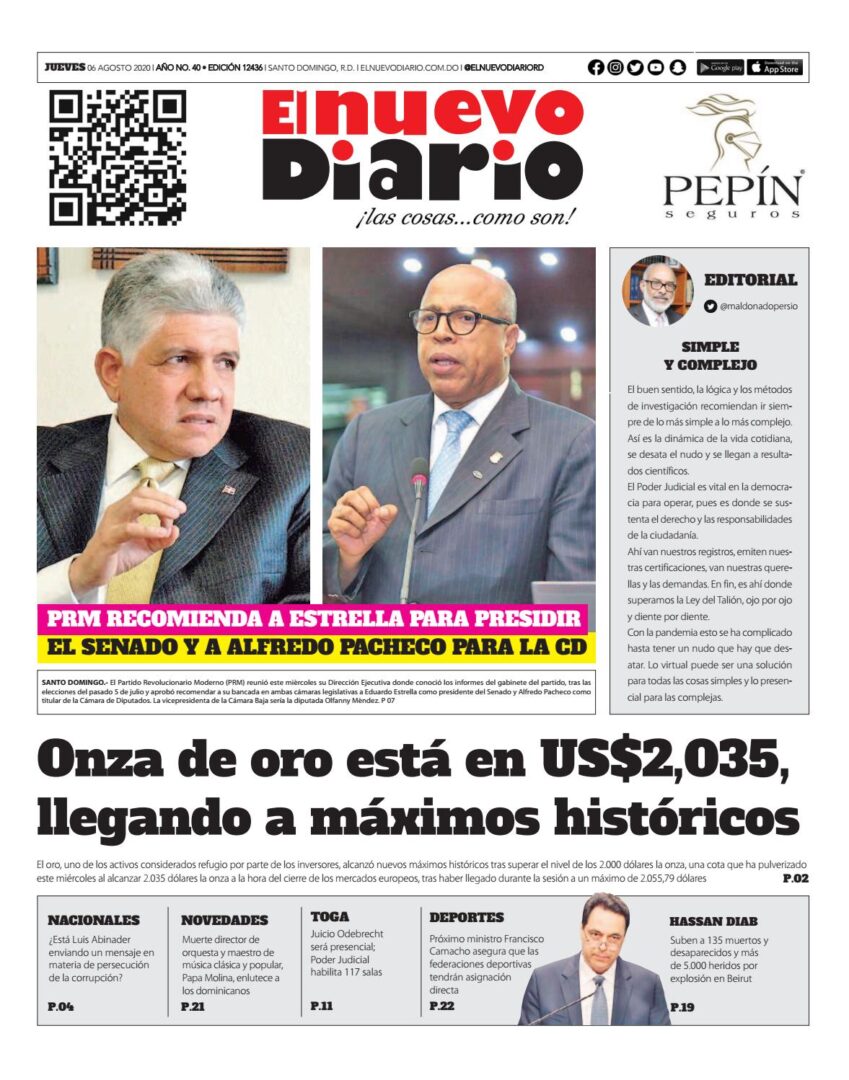 Portada Periódico El Nuevo Diario, Jueves 06 de Agosto, 2020