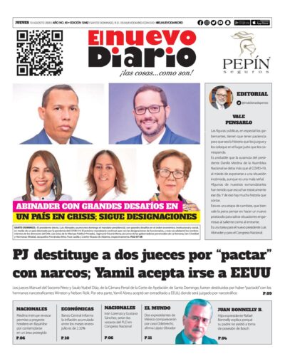 Portada Periódico El Nuevo Diario, Jueves 13 de Agosto, 2020
