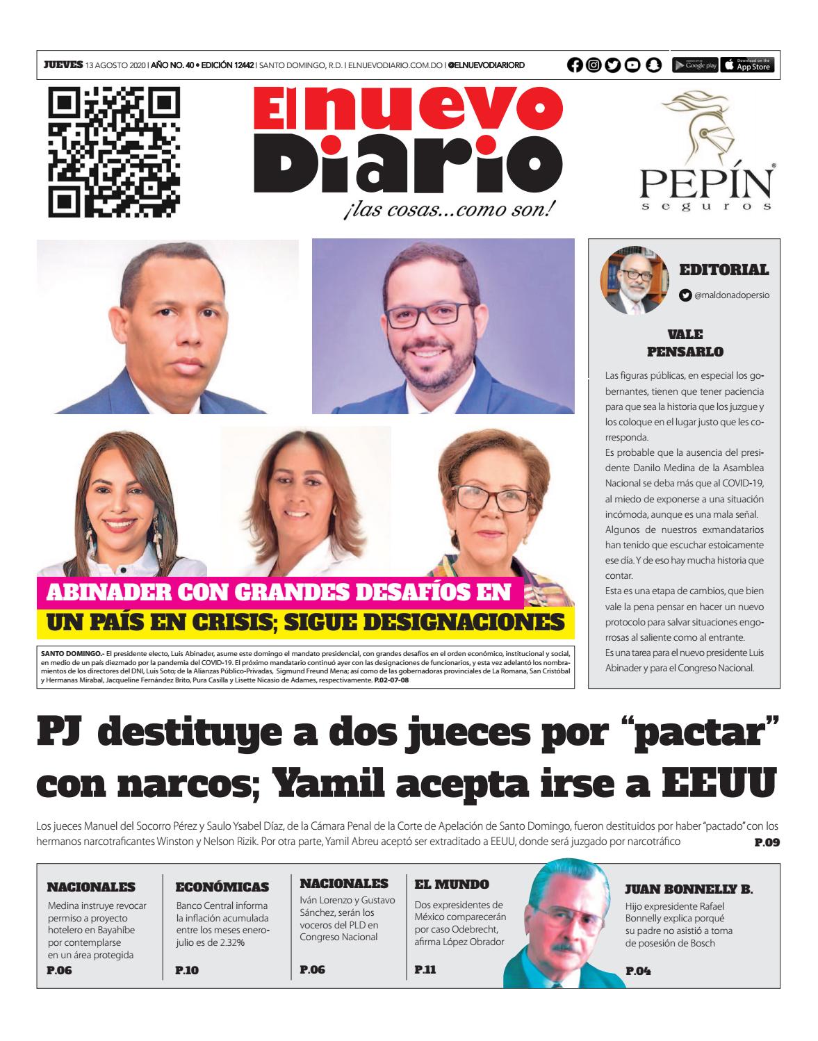 Portada Periódico El Nuevo Diario, Jueves 13 de Agosto, 2020