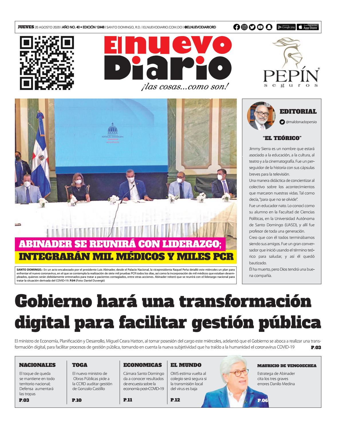 Portada Periódico El Nuevo Diario, Jueves 20 de Agosto, 2020