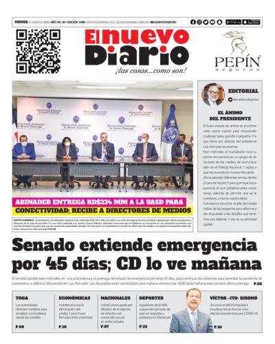 Portada Periódico El Nuevo Diario, Jueves 27 de Agosto, 2020
