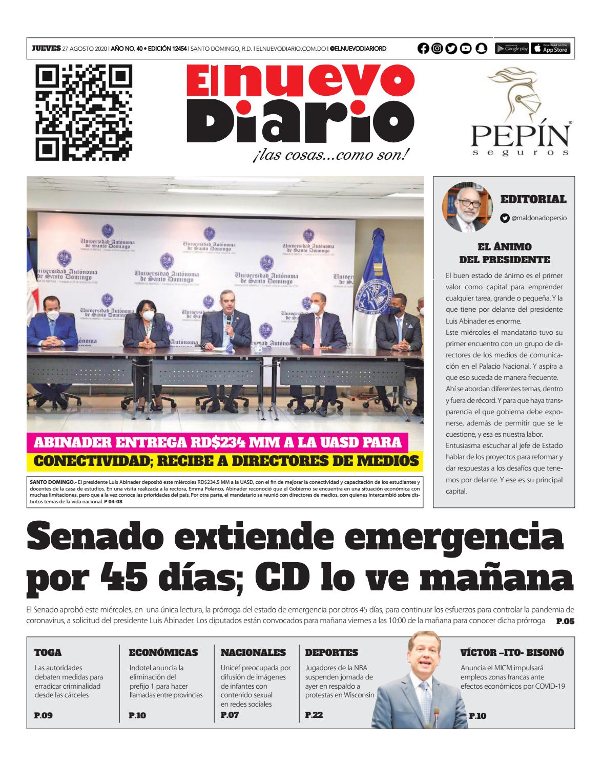 Portada Periódico El Nuevo Diario, Jueves 27 de Agosto, 2020