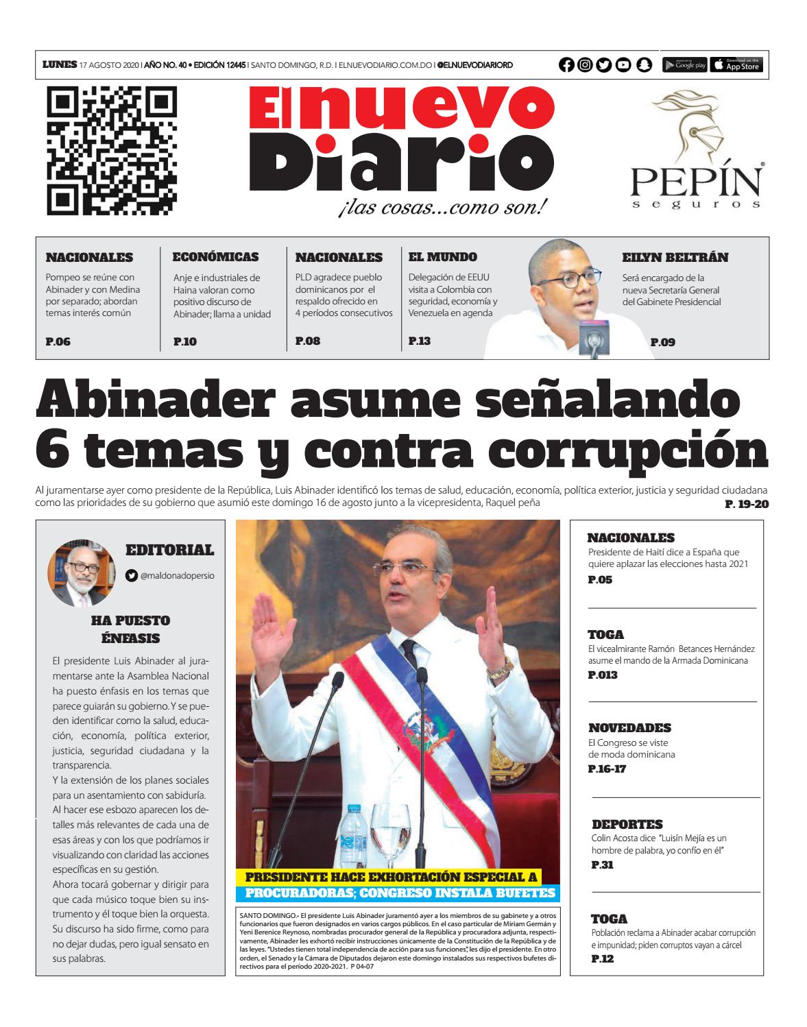 Portada Periódico El Nuevo Diario, Lunes 17 de Agosto, 2020