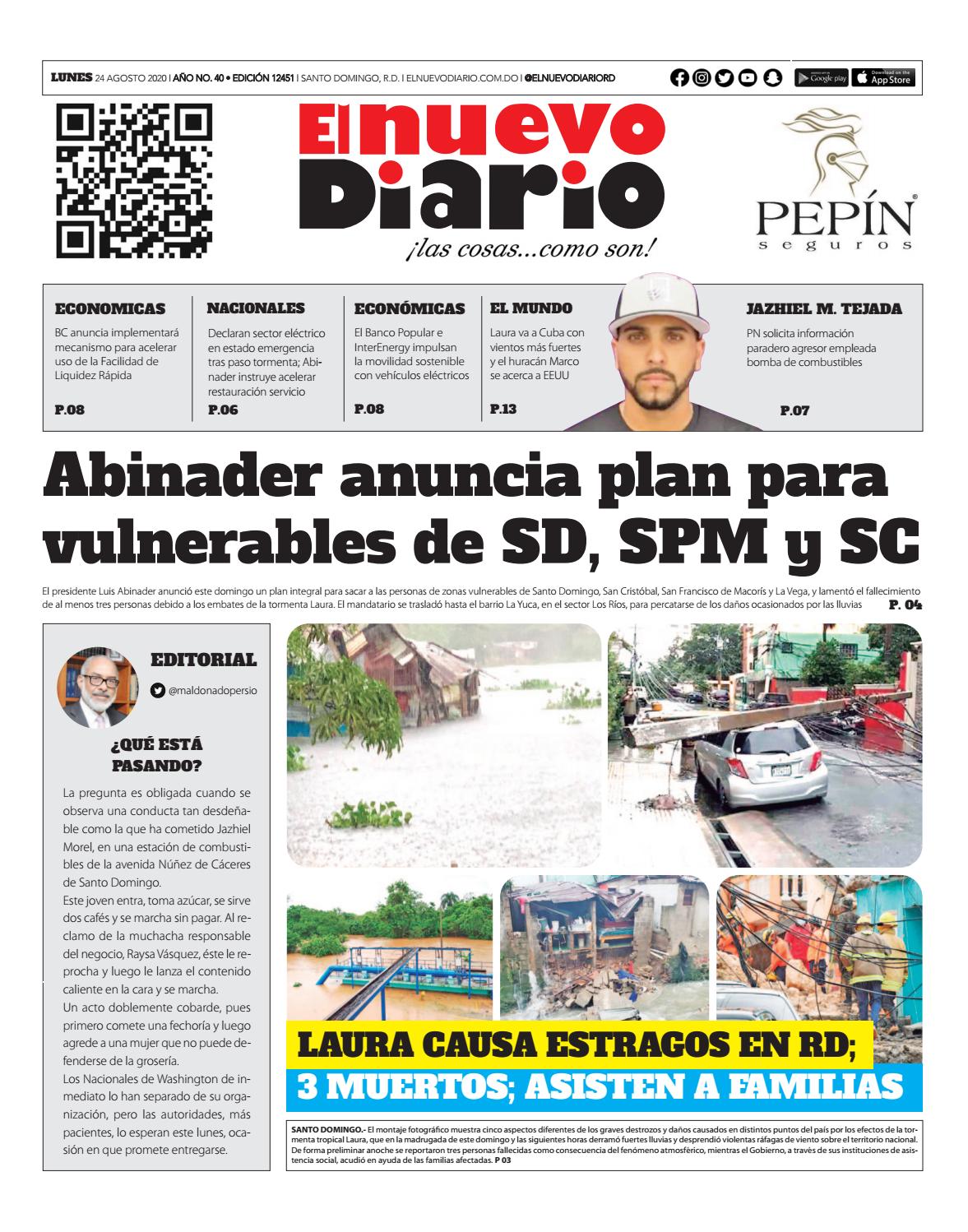 Portada Periódico El Nuevo Diario, Lunes 24 de Agosto, 2020