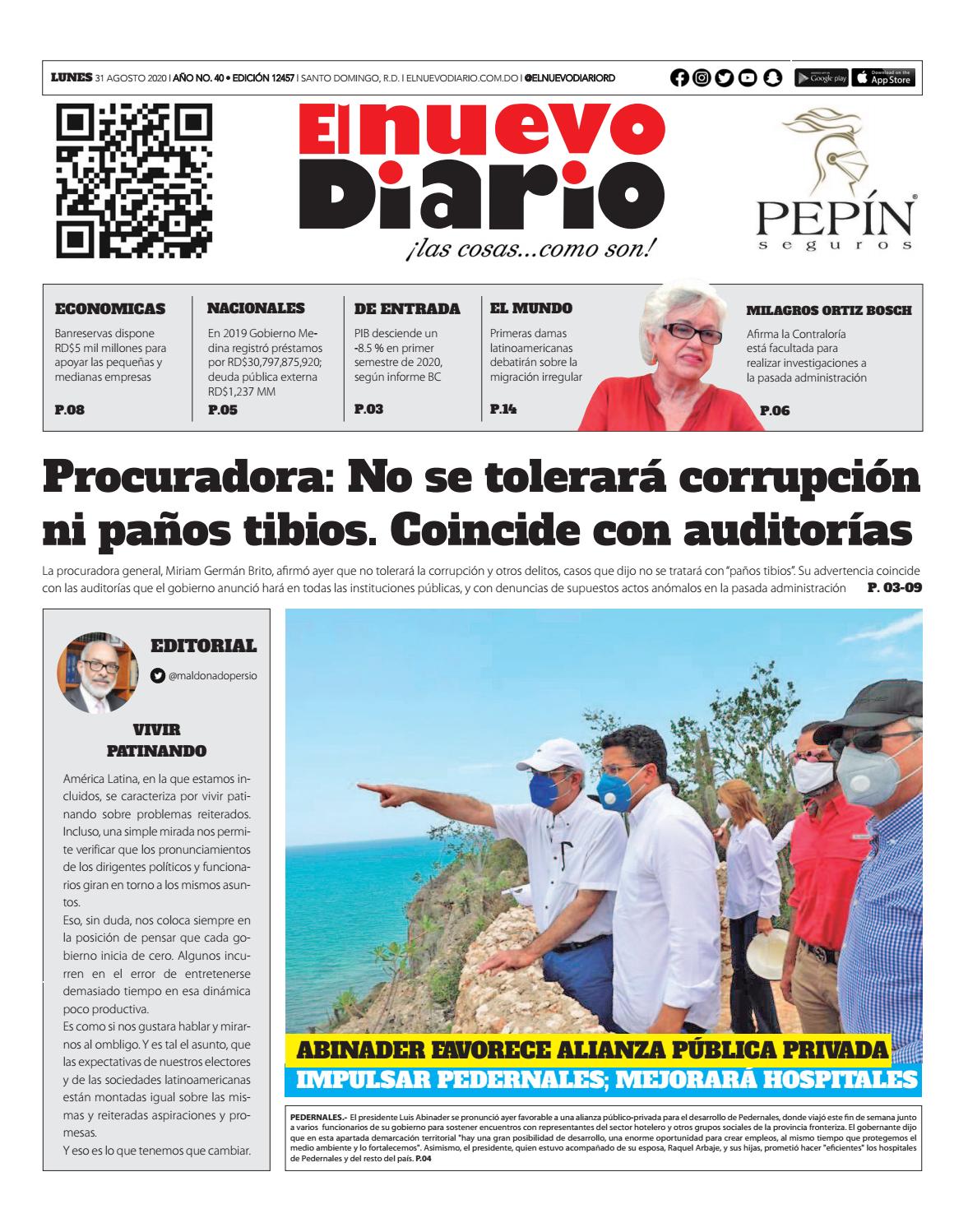 Portada Periódico El Nuevo Diario, Lunes 31 de Agosto, 2020