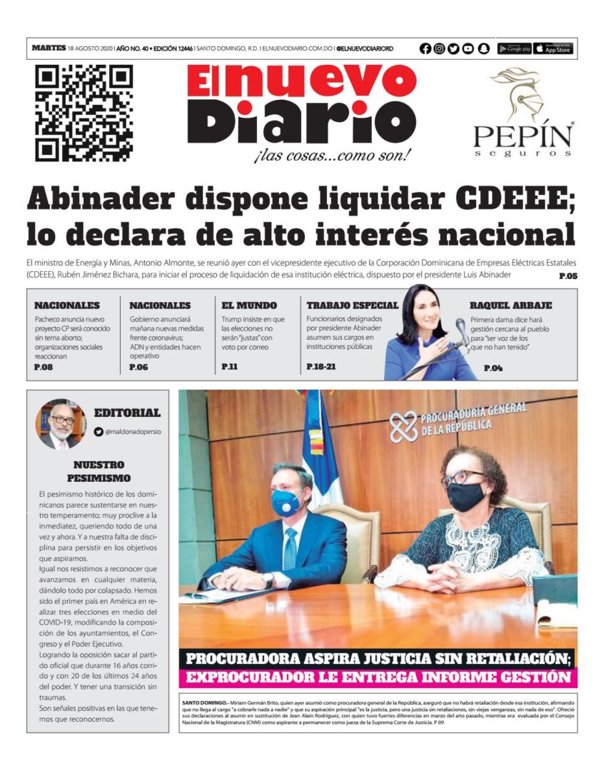 Portada Periódico El Nuevo Diario, Martes 18 de Agosto, 2020