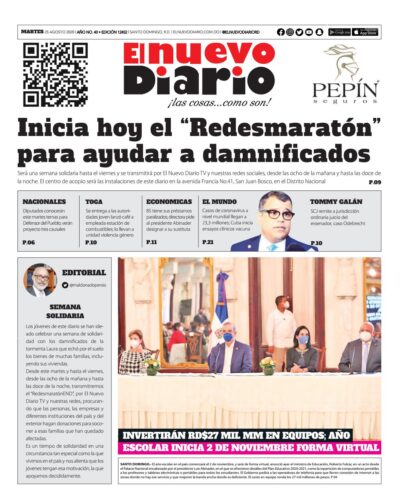 Portada Periódico El Nuevo Diario, Martes 25 de Agosto, 2020