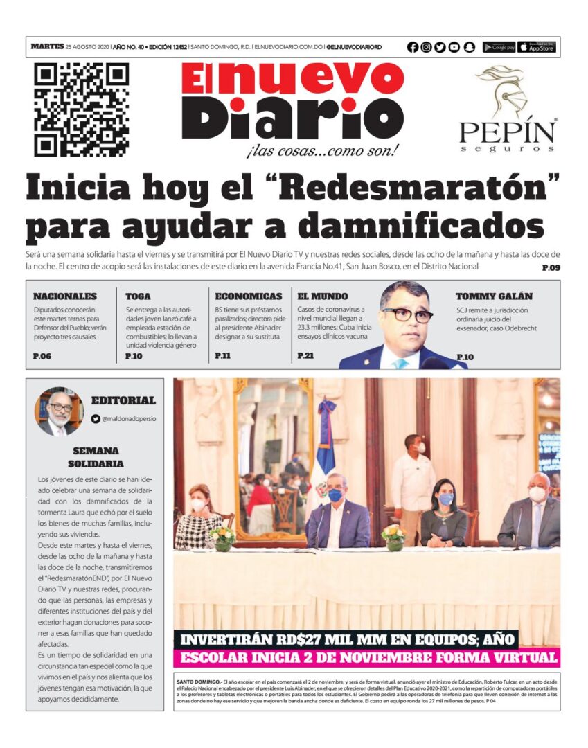 Portada Periódico El Nuevo Diario, Martes 25 de Agosto, 2020
