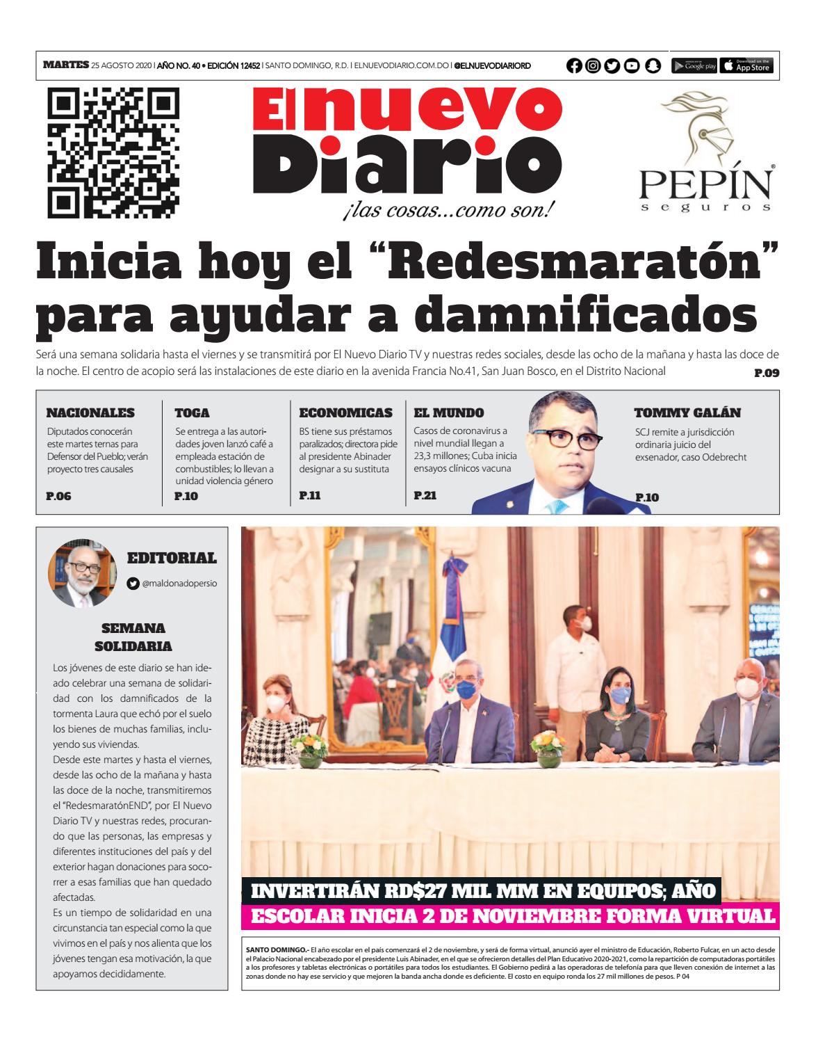 Portada Periódico El Nuevo Diario, Martes 25 de Agosto, 2020