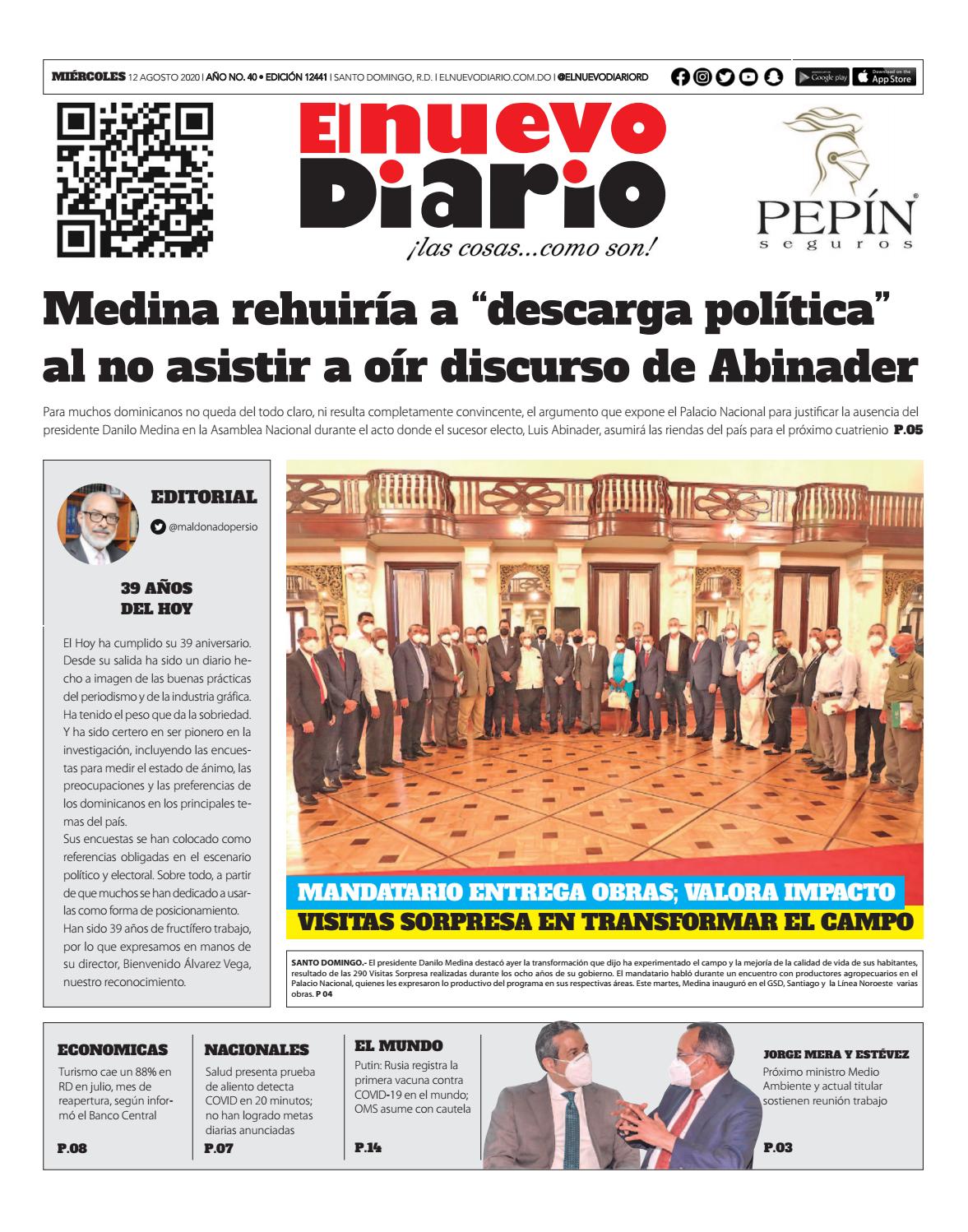 Portada Periódico El Nuevo Diario, Miércoles 12 de Agosto, 2020