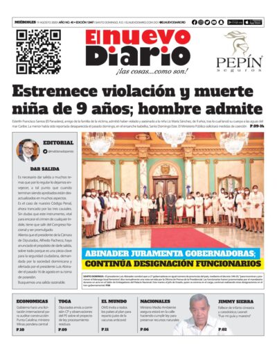 Portada Periódico El Nuevo Diario, Miércoles 19 de Agosto, 2020