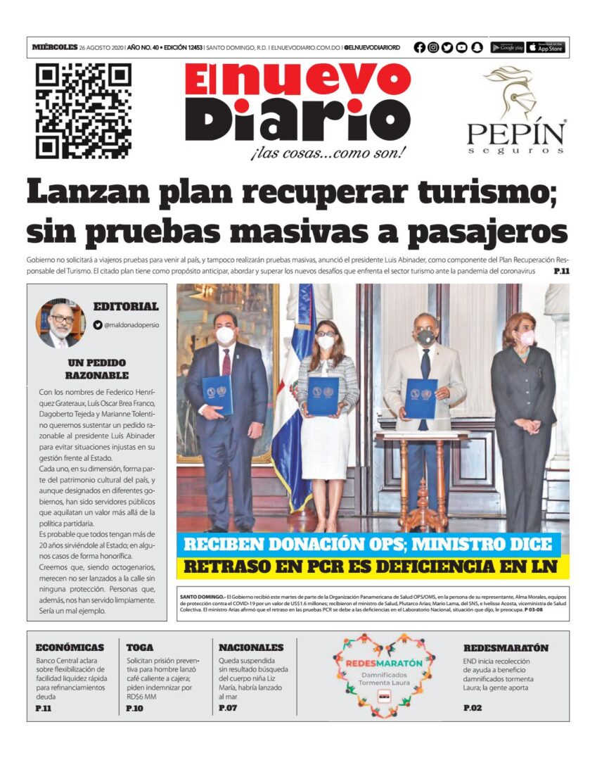 Portada Periódico El Nuevo Diario, Miércoles 26 de Agosto, 2020