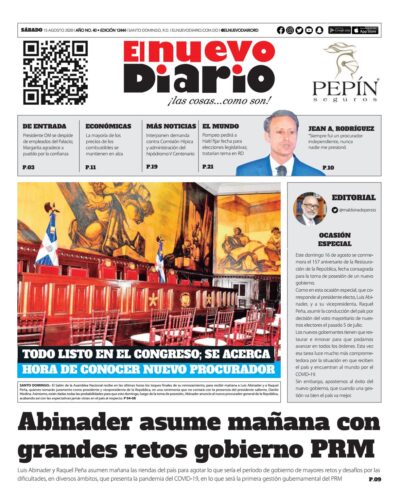 Portada Periódico El Nuevo Diario, Sábado 15 de Agosto, 2020
