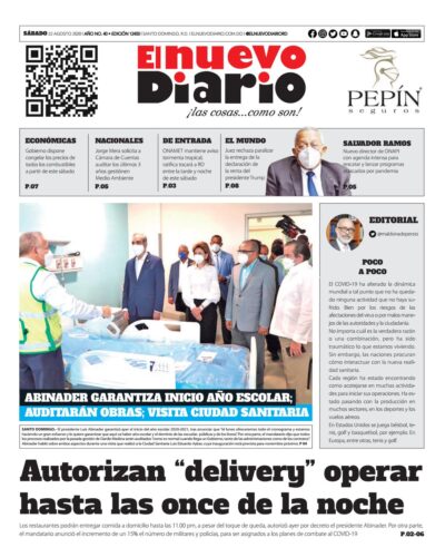 Portada Periódico El Nuevo Diario, Sábado 22 de Agosto, 2020