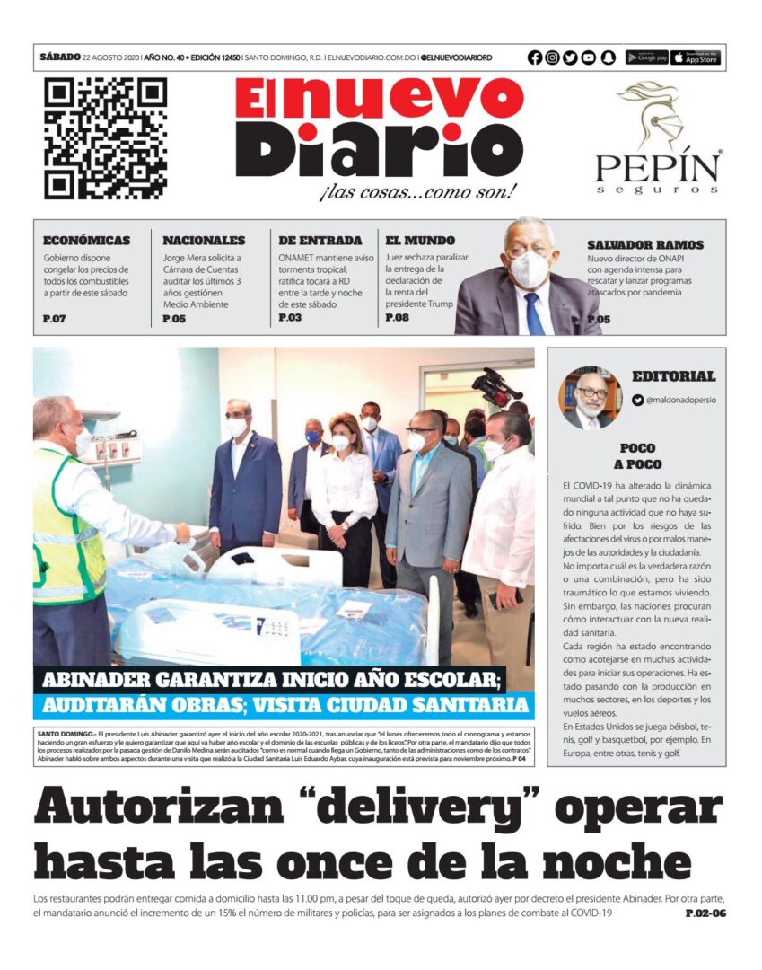 Portada Periódico El Nuevo Diario, Sábado 22 de Agosto, 2020
