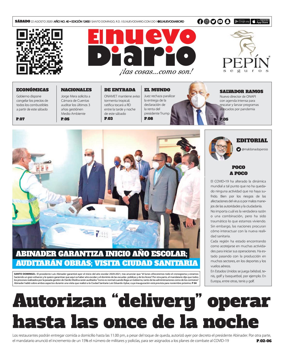 Portada Periódico El Nuevo Diario, Sábado 22 de Agosto, 2020