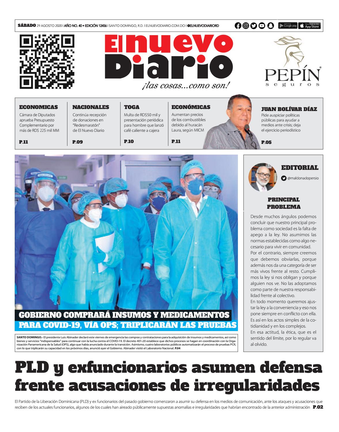 Portada Periódico El Nuevo Diario, Sábado 29 de Agosto, 2020