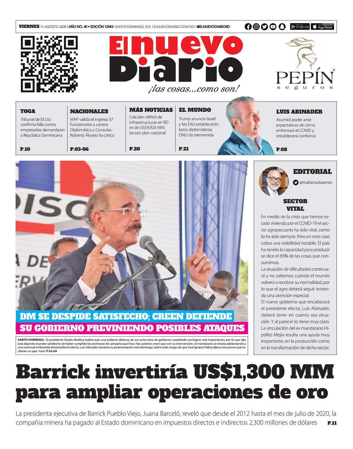 Portada Periódico El Nuevo Diario, Viernes 14 de Agosto, 2020