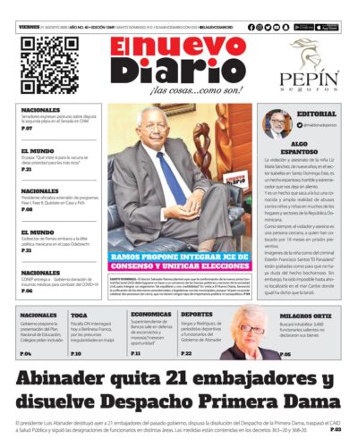 Portada Periódico El Nuevo Diario, Viernes 21 de Agosto, 2020