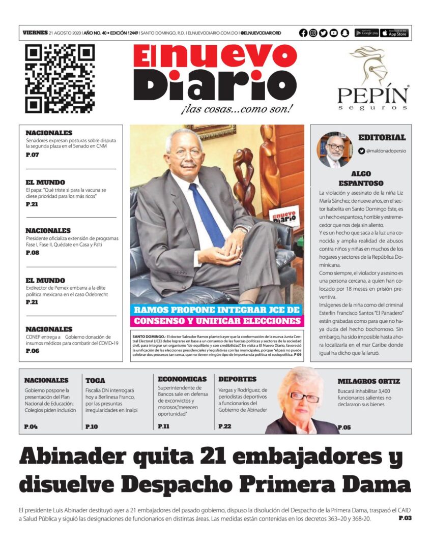 Portada Periódico El Nuevo Diario, Viernes 21 de Agosto, 2020