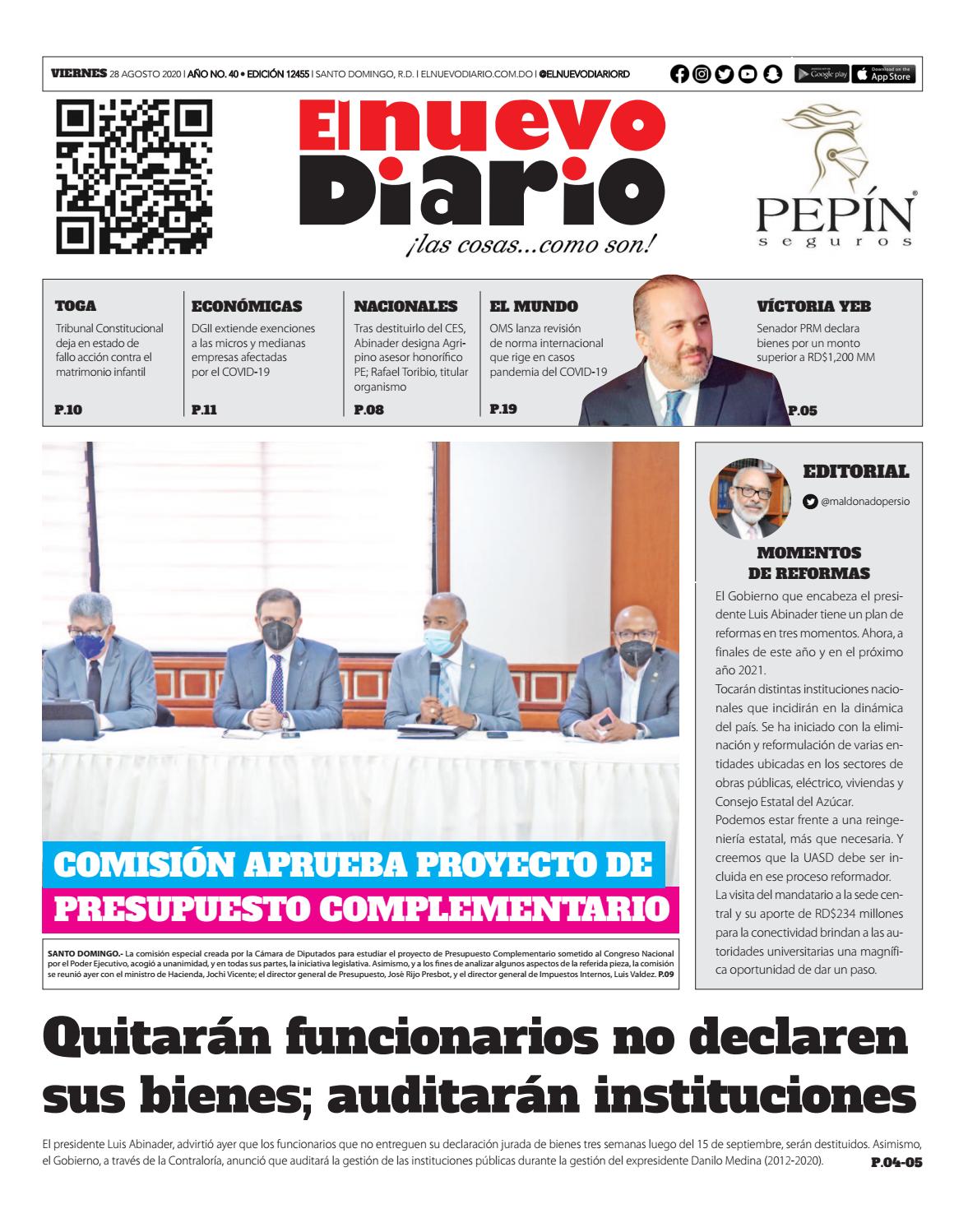 Portada Periódico El Nuevo Diario, Viernes 28 de Agosto, 2020