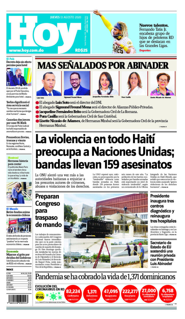 Portada Periódico Hoy, Jueves 13 de Agosto, 2020