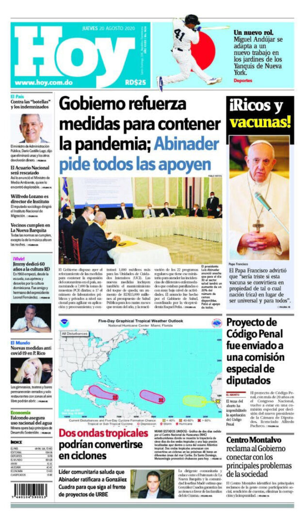 Portada Periódico Hoy, Jueves 20 de Agosto, 2020