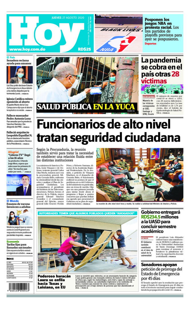 Portada Periódico Hoy, Jueves 27 de Agosto, 2020