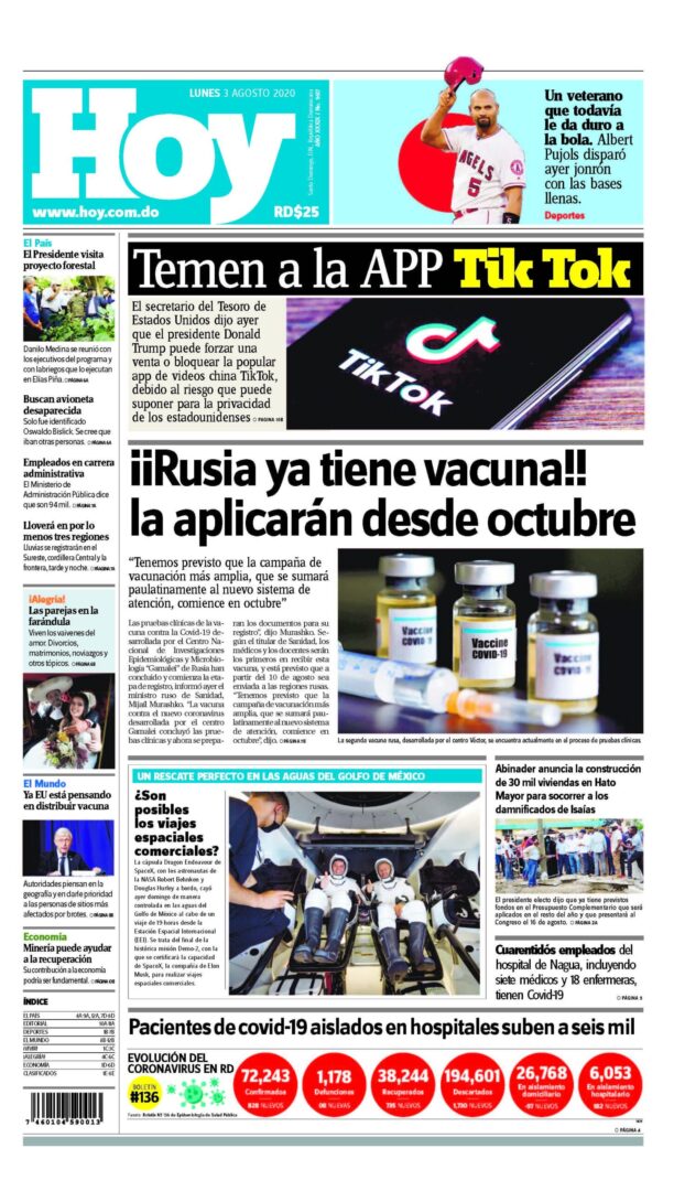 Portada Periódico Hoy, Lunes 03 de Agosto, 2020