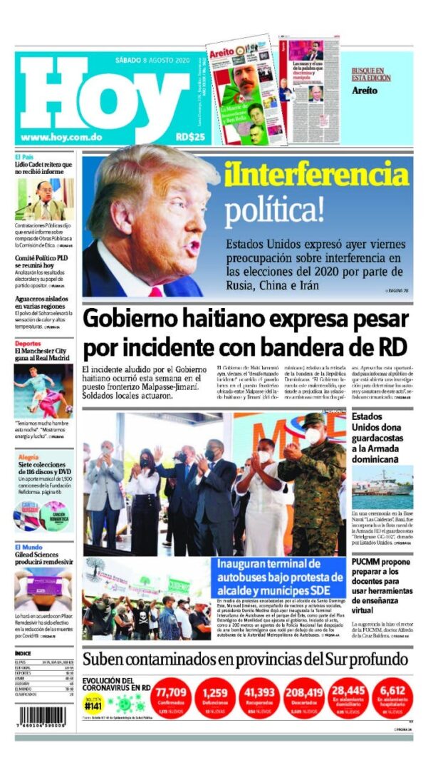 Portada Periódico Hoy, Lunes 10 de Agosto, 2020