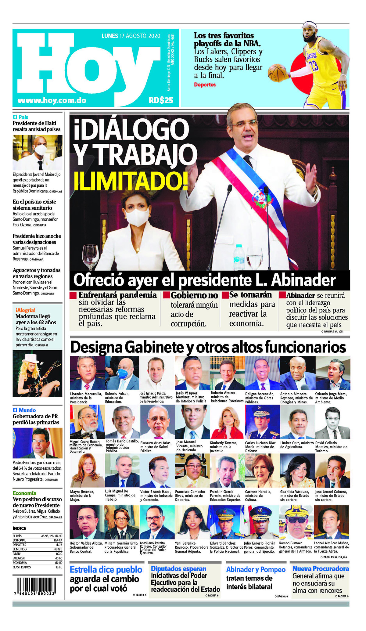 Portada Periódico Hoy, Lunes 17 de Agosto, 2020