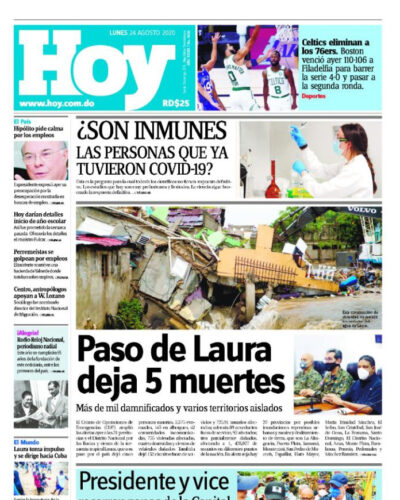 Portada Periódico Hoy, Lunes 24 de Agosto, 2020