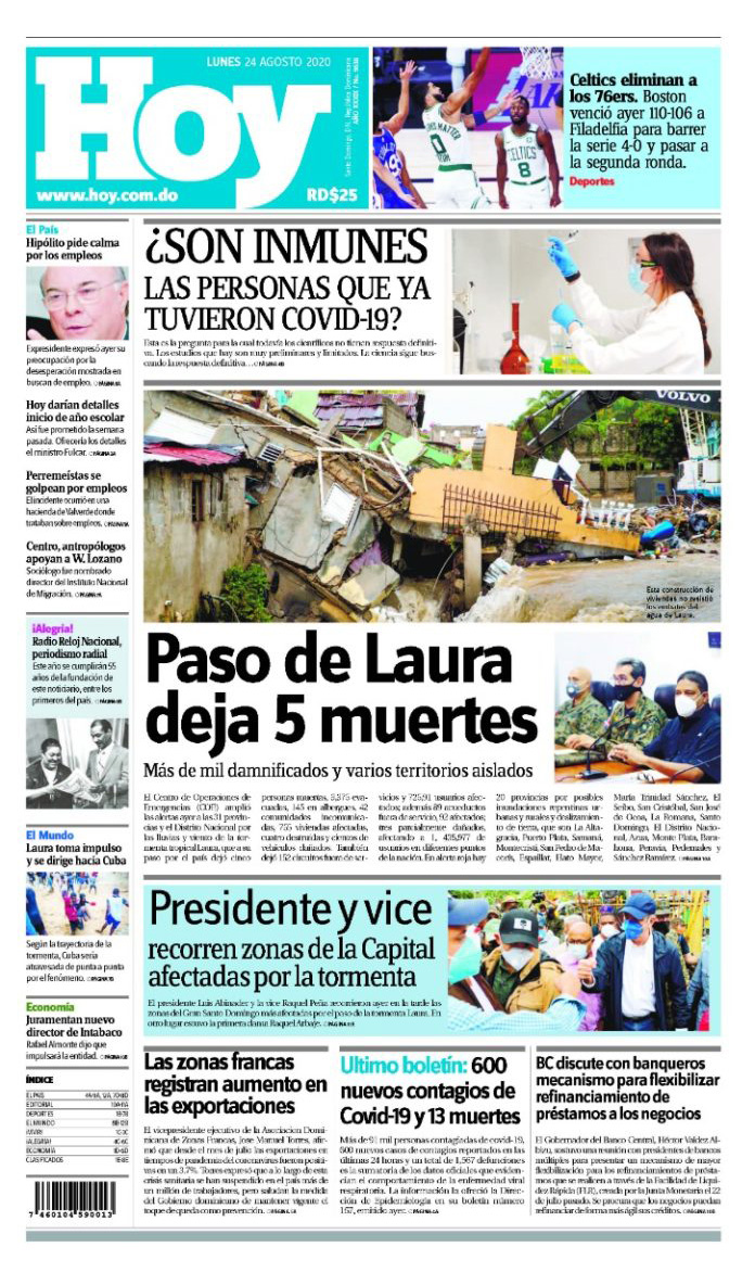 Portada Periódico Hoy, Lunes 24 de Agosto, 2020