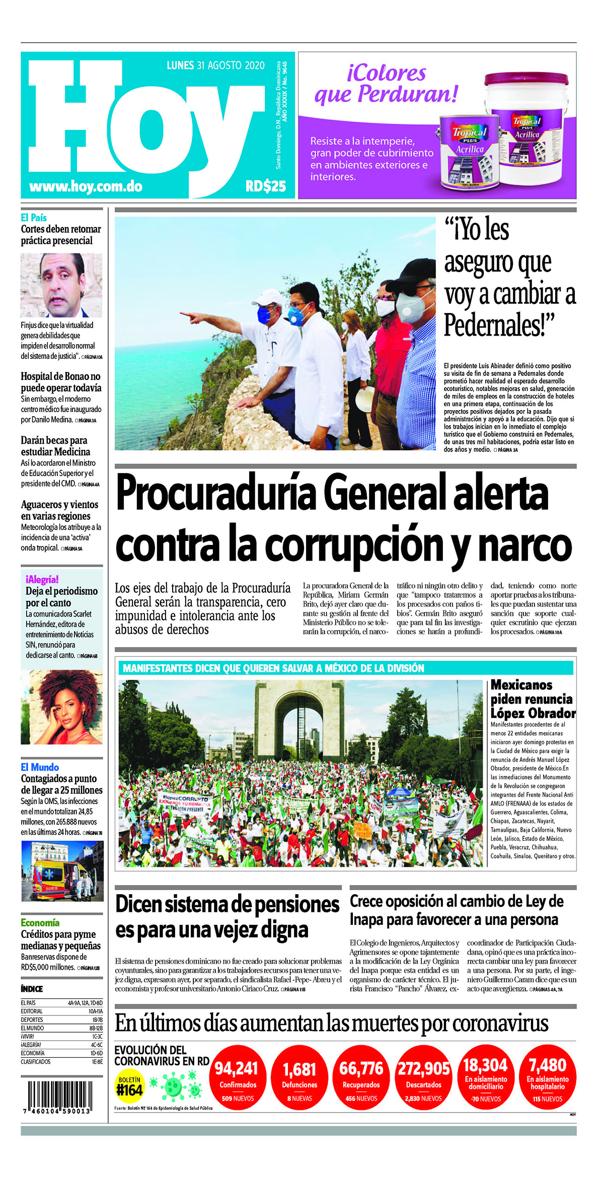 Portada Periódico Hoy, Lunes 31 de Agosto, 2020