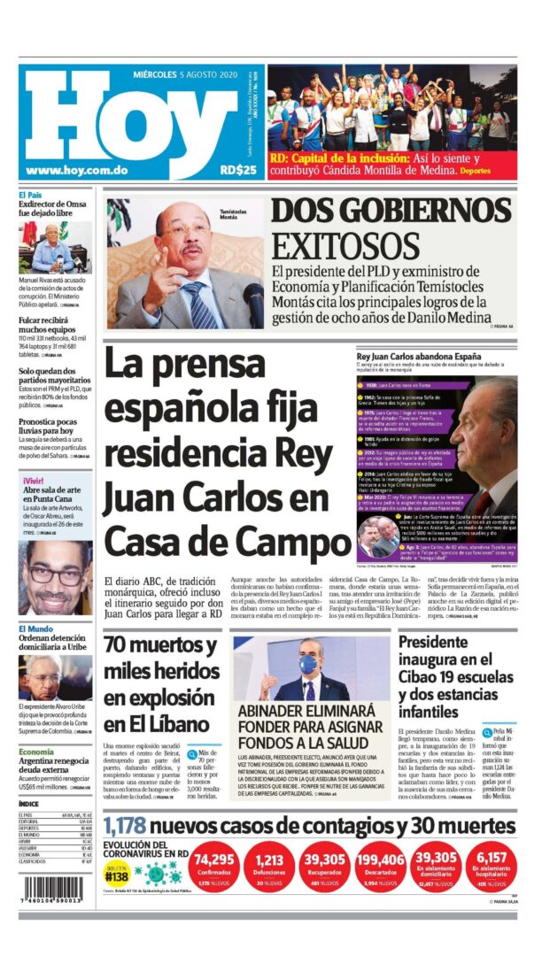 Portada Periódico Hoy, Martes 05 de Agosto, 2020