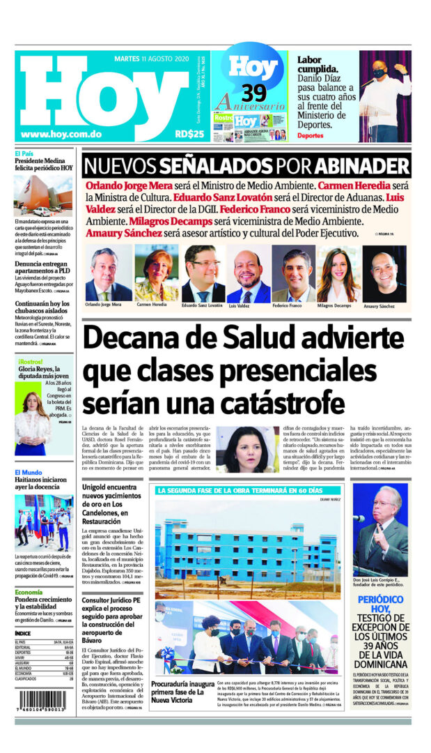 Portada Periódico Hoy, Martes 11 de Agosto, 2020
