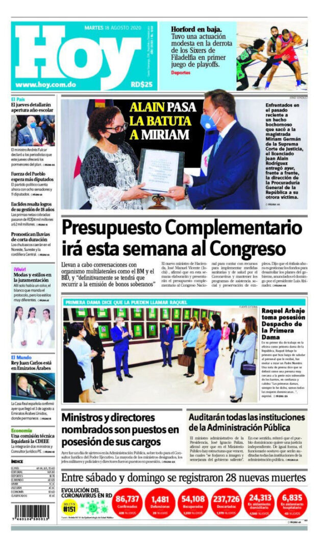 Portada Periódico Hoy, Martes 18 de Agosto, 2020