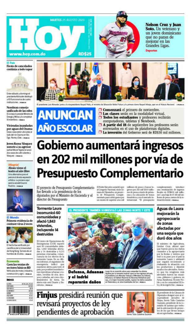 Portada Periódico Hoy, Martes 25 de Agosto, 2020