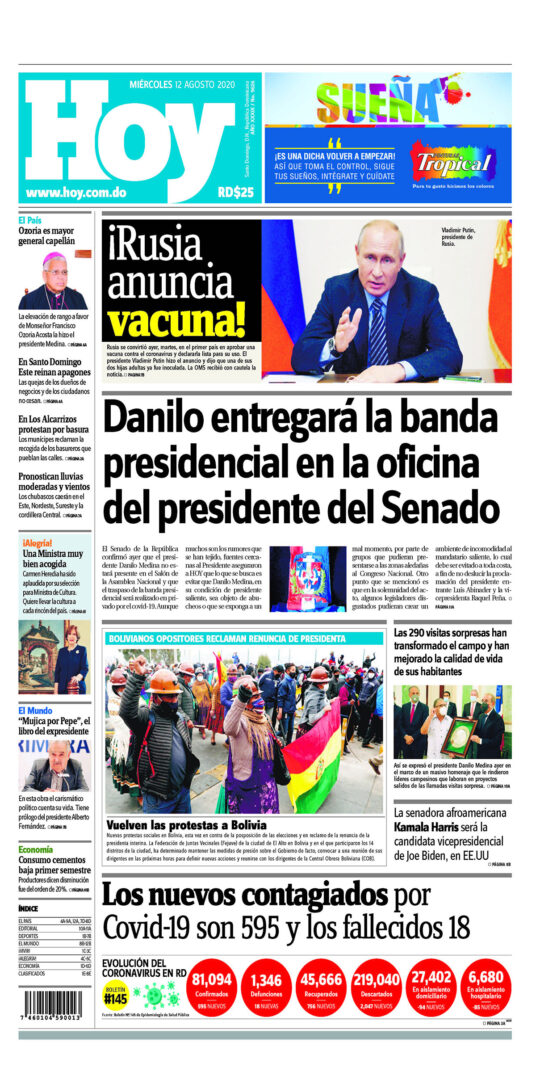 Portada Periódico Hoy, Miércoles 12 de Agosto, 2020