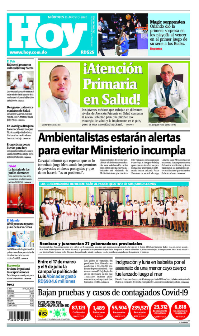 Portada Periódico Hoy, Miércoles 19 de Agosto, 2020