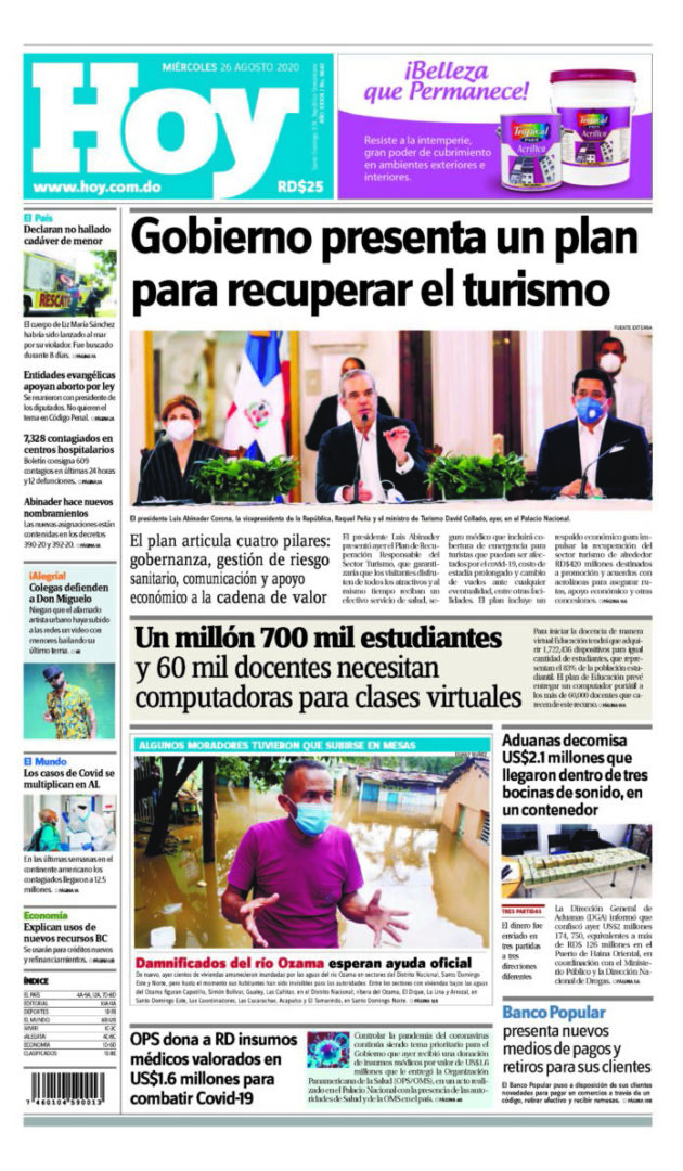 Portada Periódico Hoy, Miércoles 26 de Agosto, 2020