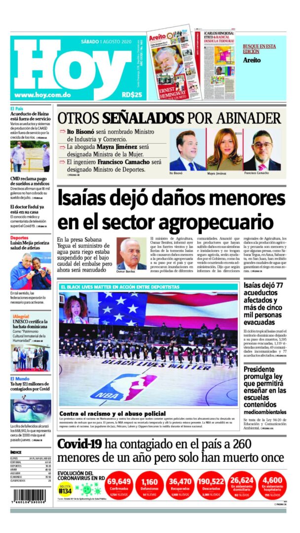 Portada Periódico Hoy, Sábado 01 de Agosto, 2020