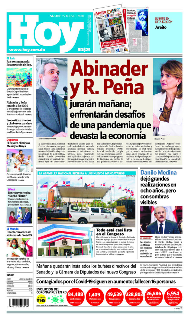 Portada Periódico Hoy, Sábado 15 de Agosto, 2020