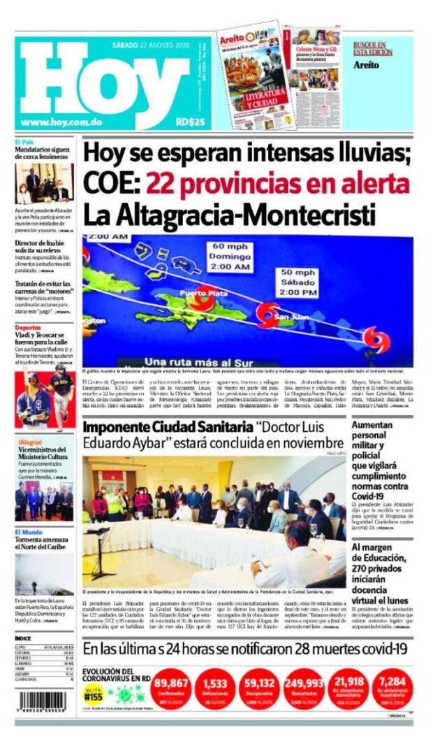 Portada Periódico Hoy, Sábado 22 de Agosto, 2020