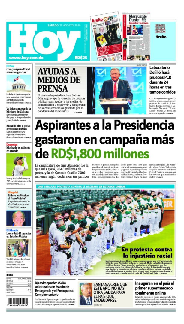 Portada Periódico Hoy, Sábado 29 de Agosto, 2020