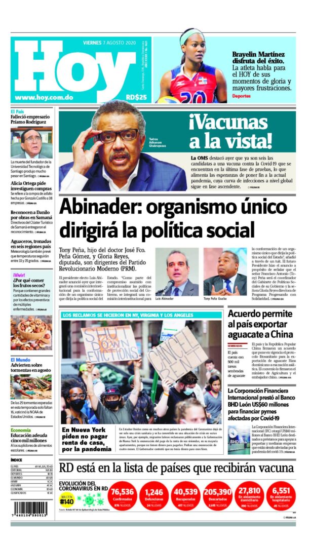 Portada Periódico Hoy, Viernes 07 de Agosto, 2020