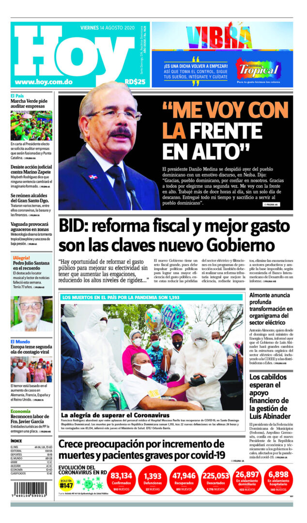 Portada Periódico Hoy, Viernes 14 de Agosto, 2020